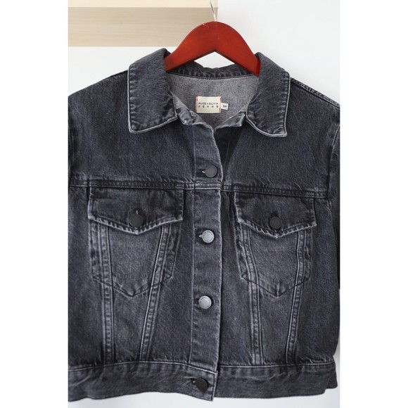 Alice+Olivia Womens Sz S Cropped Black Denim Jean Jacket Ruffle Sleeves Y2K - Picture 2 of 7